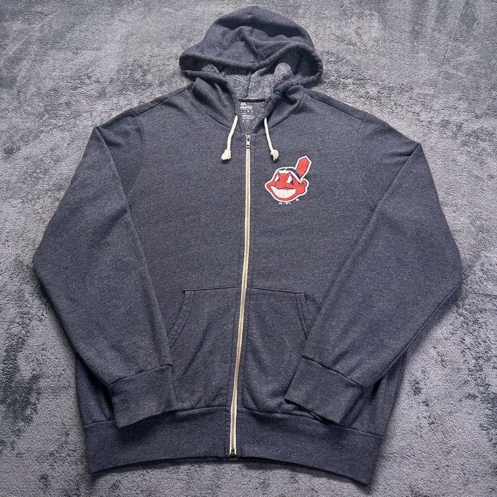 Cleveland Indians Full Zip Hoodie Mens 2XL Gray Chief Wahoo MLB Majestic Threads